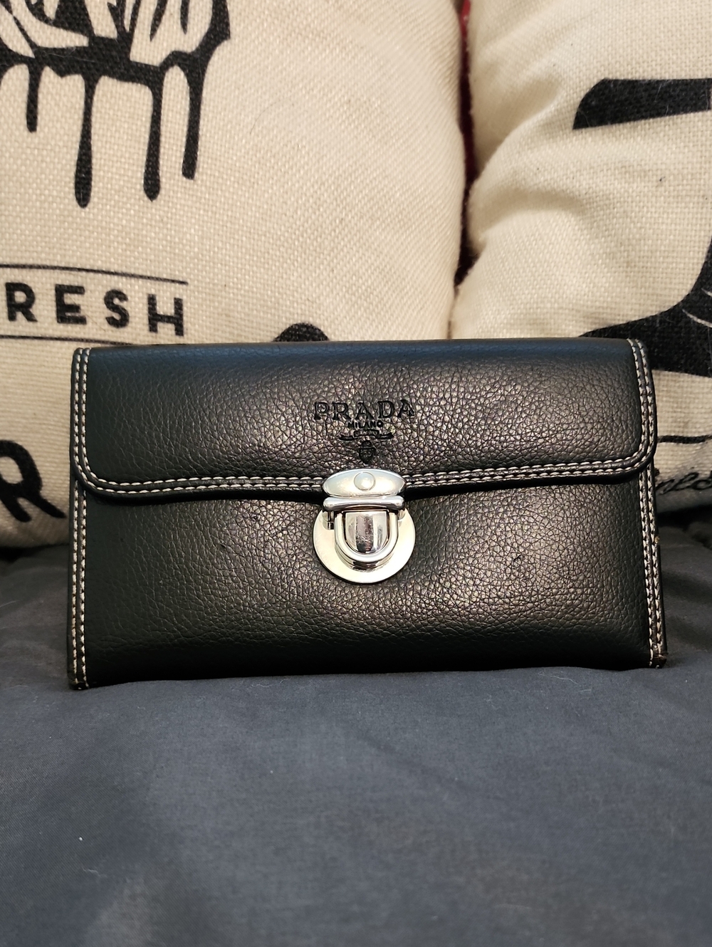 Prada Black Leather Wallet with Silver-Tone Clasp